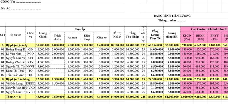 Mẫu bảng lương nhân viên số 5