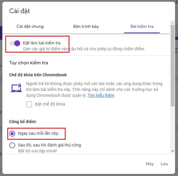 Cài đặt chế độ bài kiểm tra