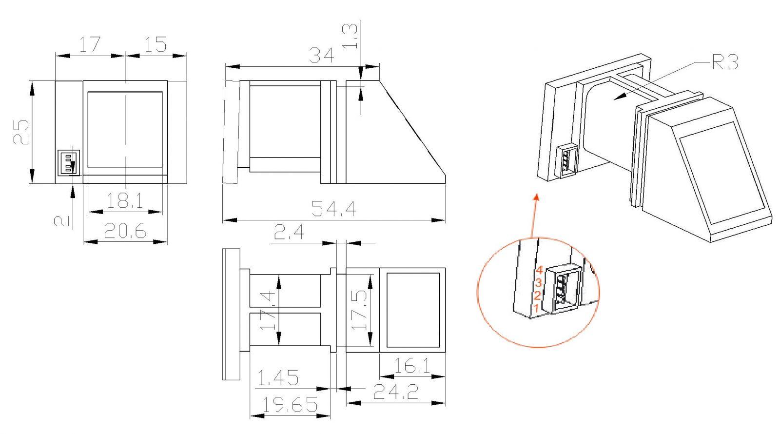 Kích thước cảm biến nhận dạng vân tay R305