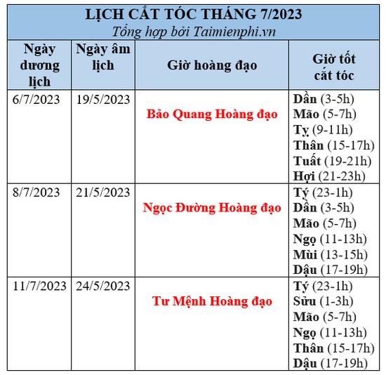 Lịch cắt tóc tháng 7/2023