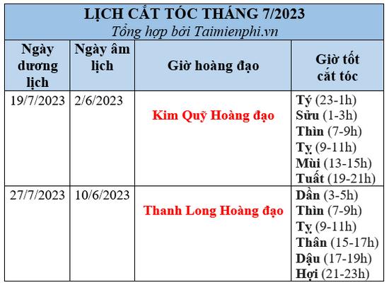 Lịch cắt tóc tháng 7/2023