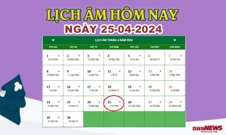 Xem lịch âm hôm nay ngày 25/4/2024.