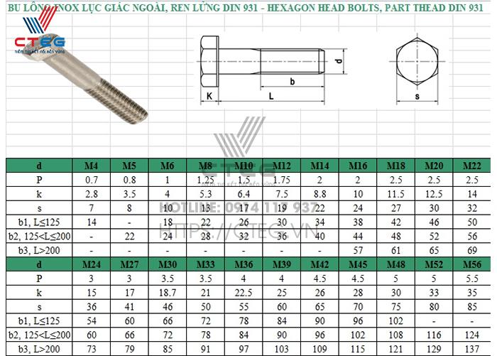 Kích thước ốc lục giác ngoài ren lửng