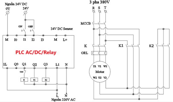 Hình mô tả cách đấu mạch bằng PLC