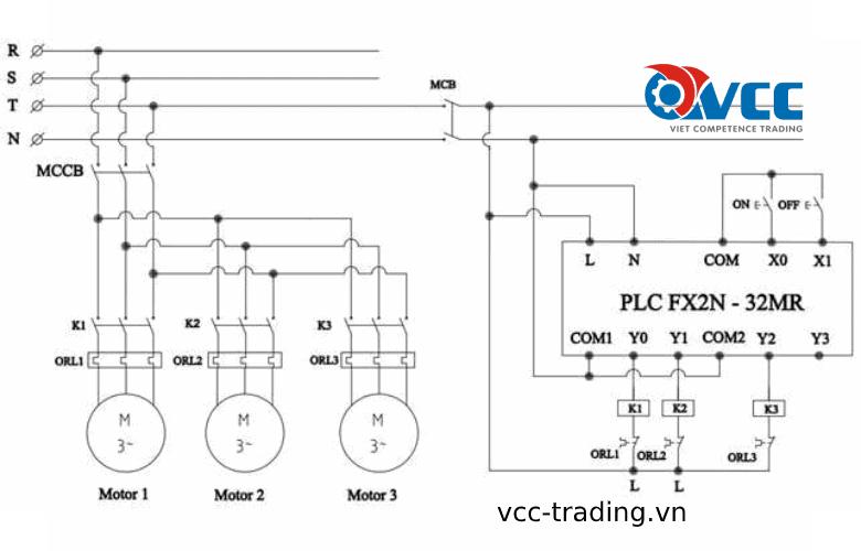 Sơ đồ mạch khởi động tuần tự 3 động cơ dùng PLC