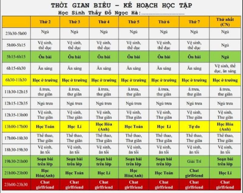 Mẫu thời gian biểu học tập