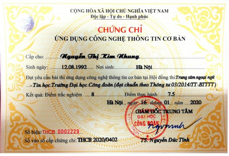 Mẫu Chứng chỉ Ứng dụng CNTT cơ bản